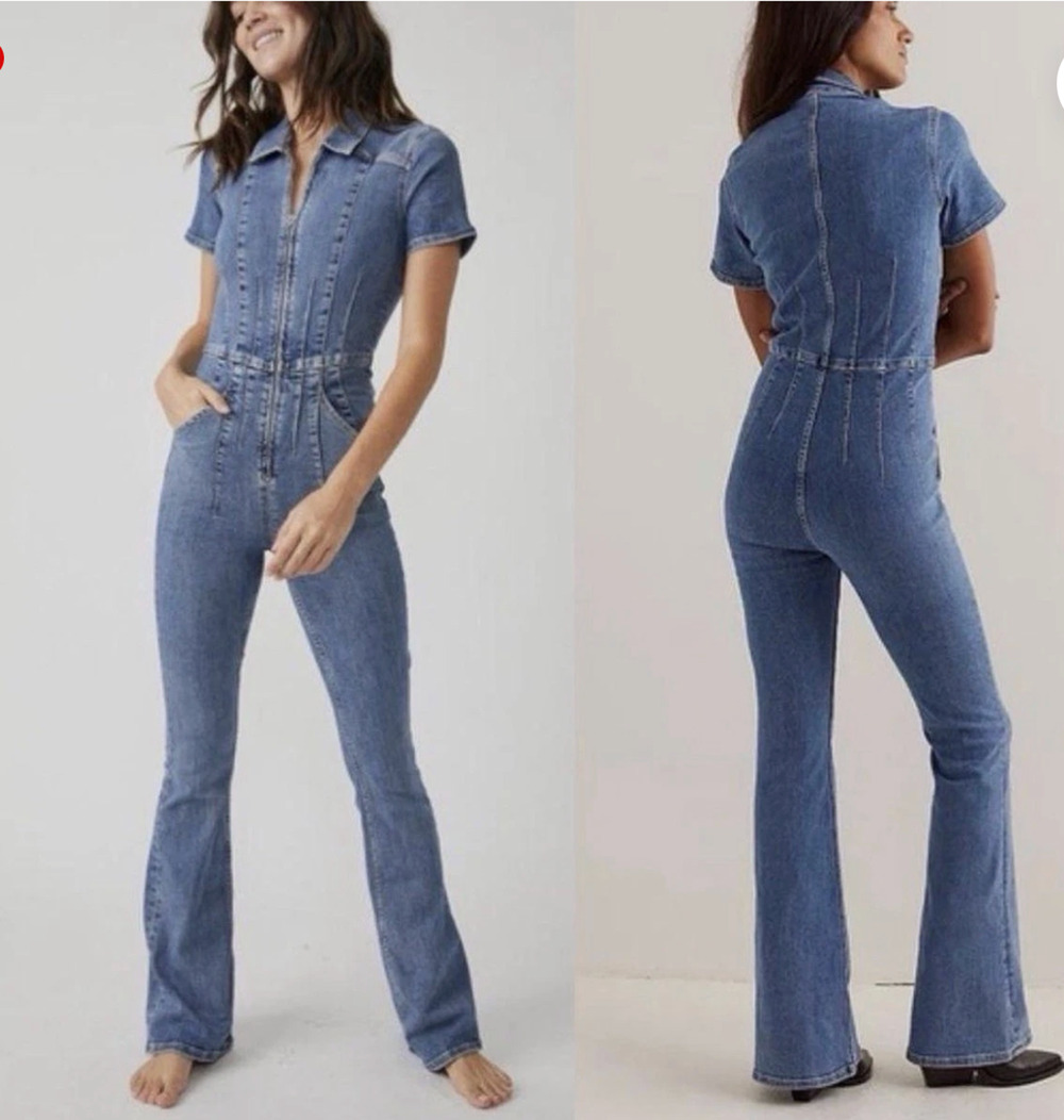 Free People We The Free Jayde Denim Jumpsuit Sunburst Blue Bell Flare L NWT